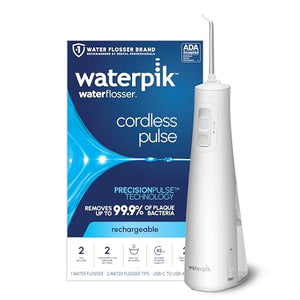 Waterpik Cordless Pulse Rechargeable Portable Water Flosser for Teeth, Gums, Braces Care and Travel with 2 Flossing Tips, Waterproof, ADA Accepted, WF-20 Blue, Packaging May Vary