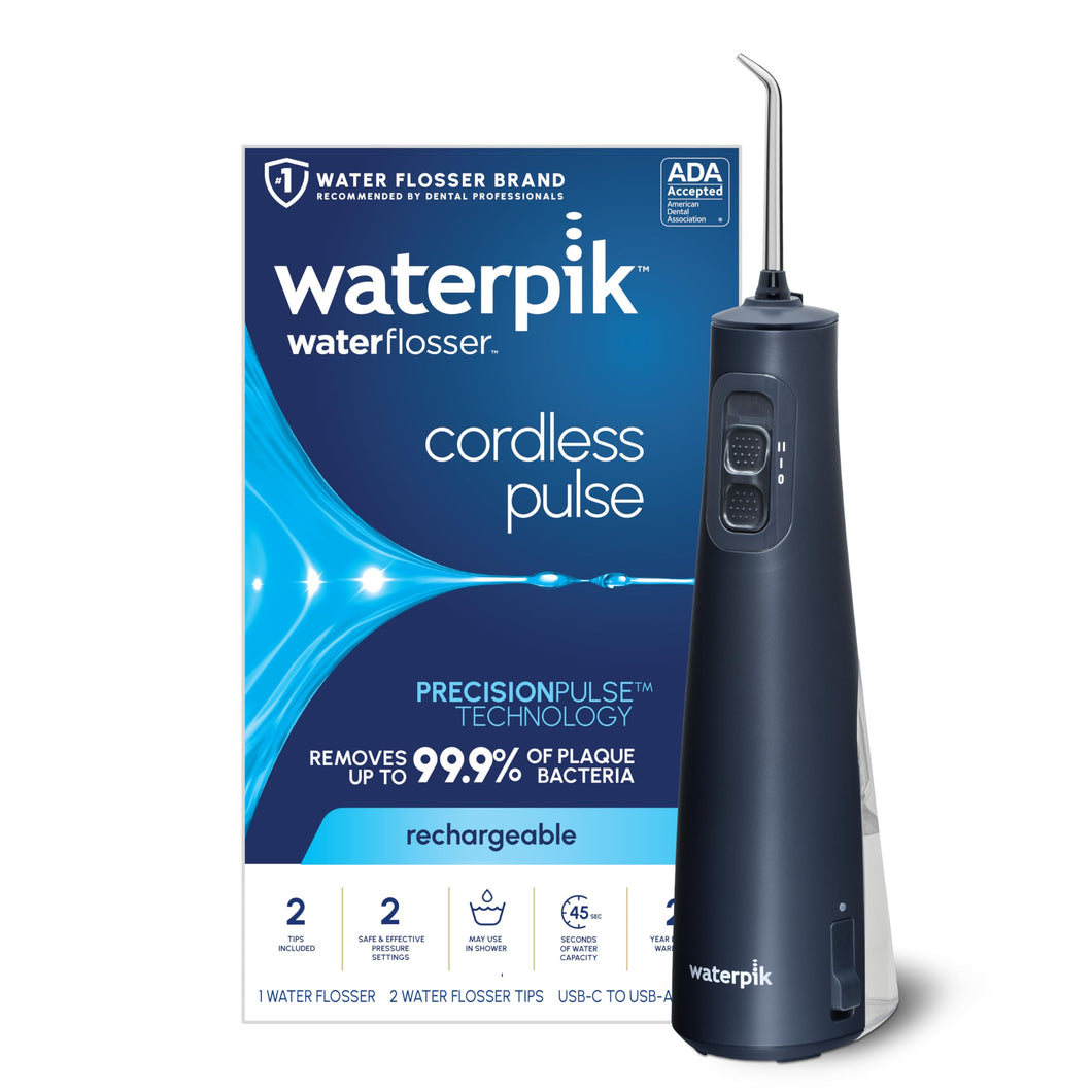 Waterpik Cordless Pulse Rechargeable Portable Water Flosser for Teeth, Gums, Braces Care and Travel with 2 Flossing Tips, Waterproof, ADA Accepted, WF-20 Blue, Packaging May Vary