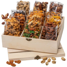 Load image into Gallery viewer, Christmas Nut Gift Basket, in Reusable Wooden Crate, Healthy Gift Option, Gourmet Snack Food Box, with Unique Flavors, Great for Holiday and a Family Party- Bonnie &amp; Pop