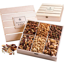 Load image into Gallery viewer, Christmas Nut Gift Basket, in Reusable Wooden Crate, Healthy Gift Option, Gourmet Snack Food Box, with Unique Flavors, Great for Holiday and a Family Party- Bonnie &amp; Pop