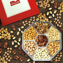 Load image into Gallery viewer, Nuts Gift Basket - Delicious Mixed Cravings Gourmet Collection Features 7 Sectional Platter with Freshly Roasted Nuts - Holiday Gift Basket.