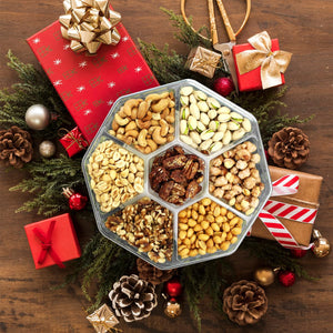 Nuts Gift Basket - Delicious Mixed Cravings Gourmet Collection Features 7 Sectional Platter with Freshly Roasted Nuts - Holiday Gift Basket.