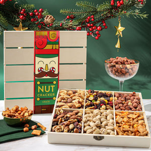 Christmas Nut Gift Basket, in Reusable Wooden Crate, Healthy Gift Option, Gourmet Snack Food Box, with Unique Flavors, Great for Holiday and a Family Party- Bonnie & Pop