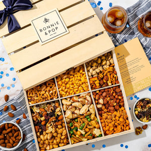 Christmas Nut Gift Basket, in Reusable Wooden Crate, Healthy Gift Option, Gourmet Snack Food Box, with Unique Flavors, Great for Holiday and a Family Party- Bonnie & Pop