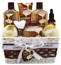 Load image into Gallery viewer, Bath and Body Gift Basket For Women and Men – 9 Piece Set of Vanilla Coconut Home Spa Set, Includes Fragrant Lotions, Extra Large Bath Bombs, Coconut Oil, Luxurious Bath Towel &amp; More