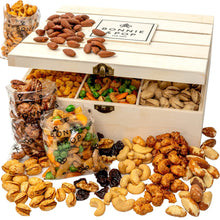 Load image into Gallery viewer, Christmas Nut Gift Basket, in Reusable Wooden Crate, Healthy Gift Option, Gourmet Snack Food Box, with Unique Flavors, Great for Holiday and a Family Party- Bonnie &amp; Pop